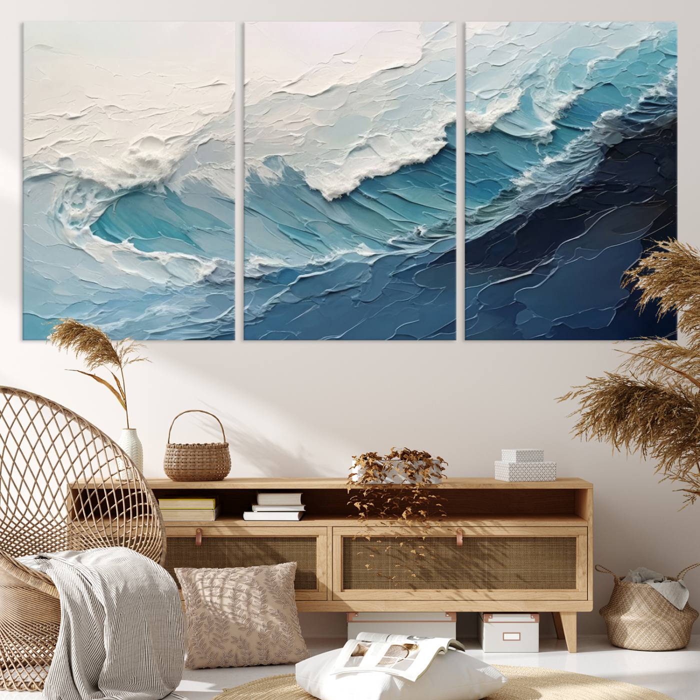 23887-MGV-CV-36X24-Blue Abstract Wave Ocean Wall Art Canvas Print – Modern Coastal Seascape Nature Artwork for Home, Office, Living Room