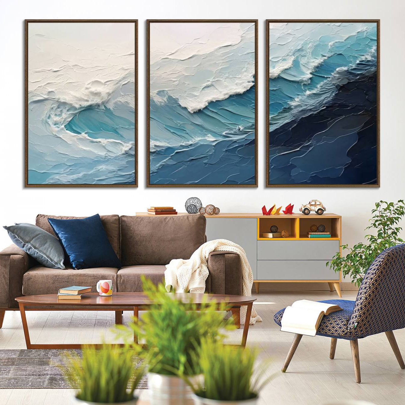 23887-MGV-CV-36X24-Blue Abstract Wave Ocean Wall Art Canvas Print – Modern Coastal Seascape Nature Artwork for Home, Office, Living Room