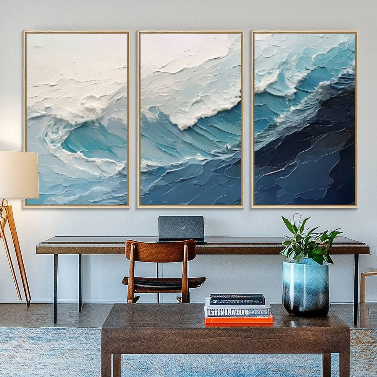 23887-MGV-FC-48X32-3P_Natural-Blue Abstract Wave Ocean Wall Art Canvas Print – Modern Coastal Seascape Nature Artwork for Home, Office, Living Room