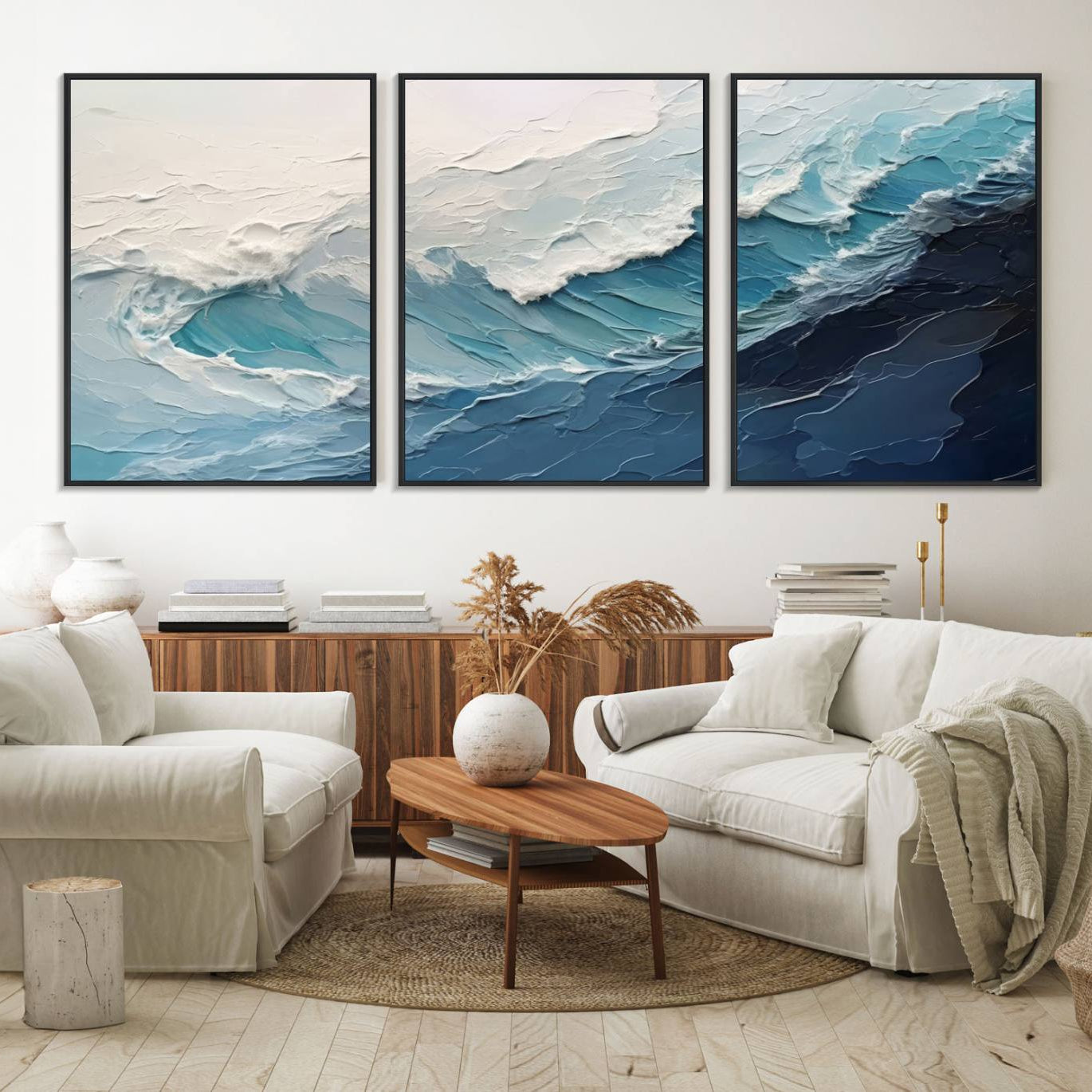 23887-MGV-FC-60X30-3P_Black-Blue Abstract Wave Ocean Wall Art Canvas Print – Modern Coastal Seascape Nature Artwork for Home, Office, Living Room