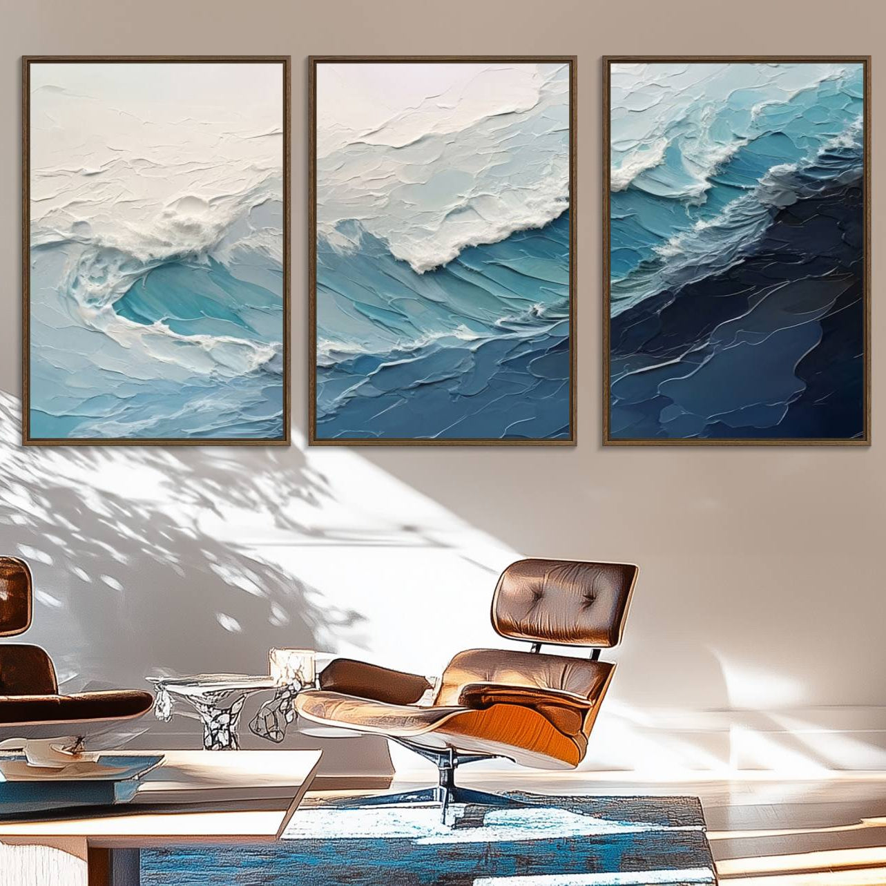 23887-MGV-FC-60X30-3P_Walnut-Blue Abstract Wave Ocean Wall Art Canvas Print – Modern Coastal Seascape Nature Artwork for Home, Office, Living Room