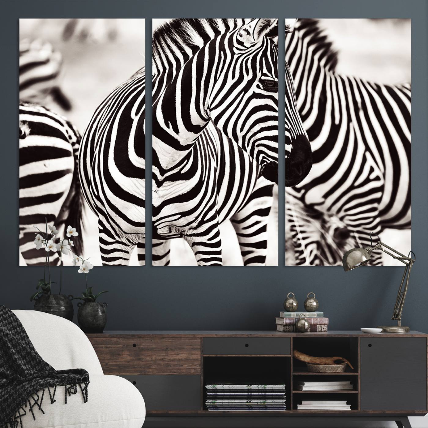 16897-MGV-CV-48X32-3P-Brilliant Zebra Photography Art Canvas Print Black and White