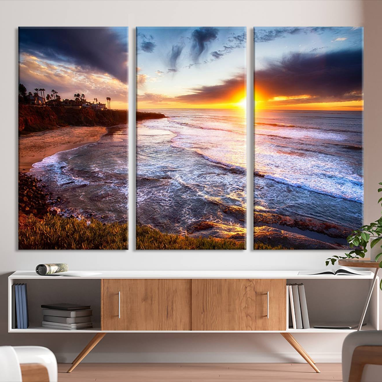 -California Coastline Sunset Canvas Art for Beach House Decor