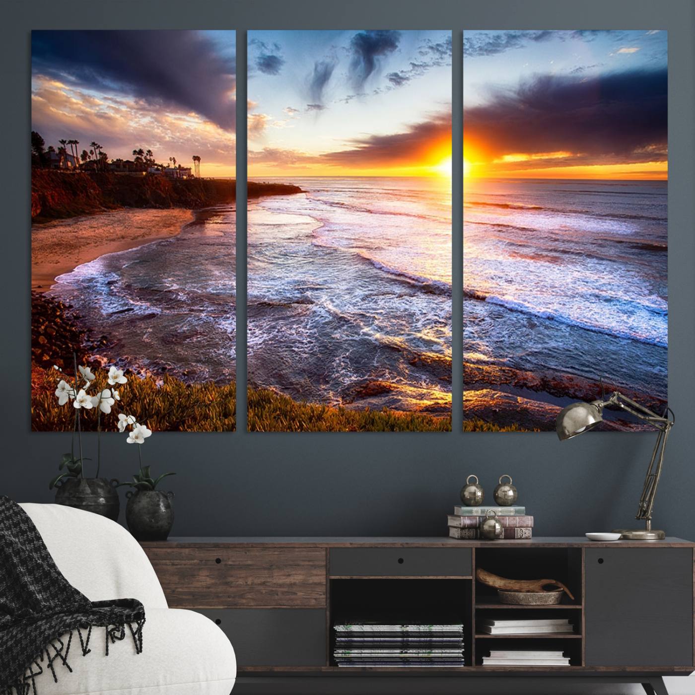 -California Coastline Sunset Canvas Art for Beach House Decor