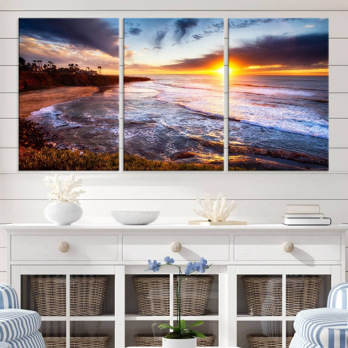 -California Coastline Sunset Canvas Art for Beach House Decor