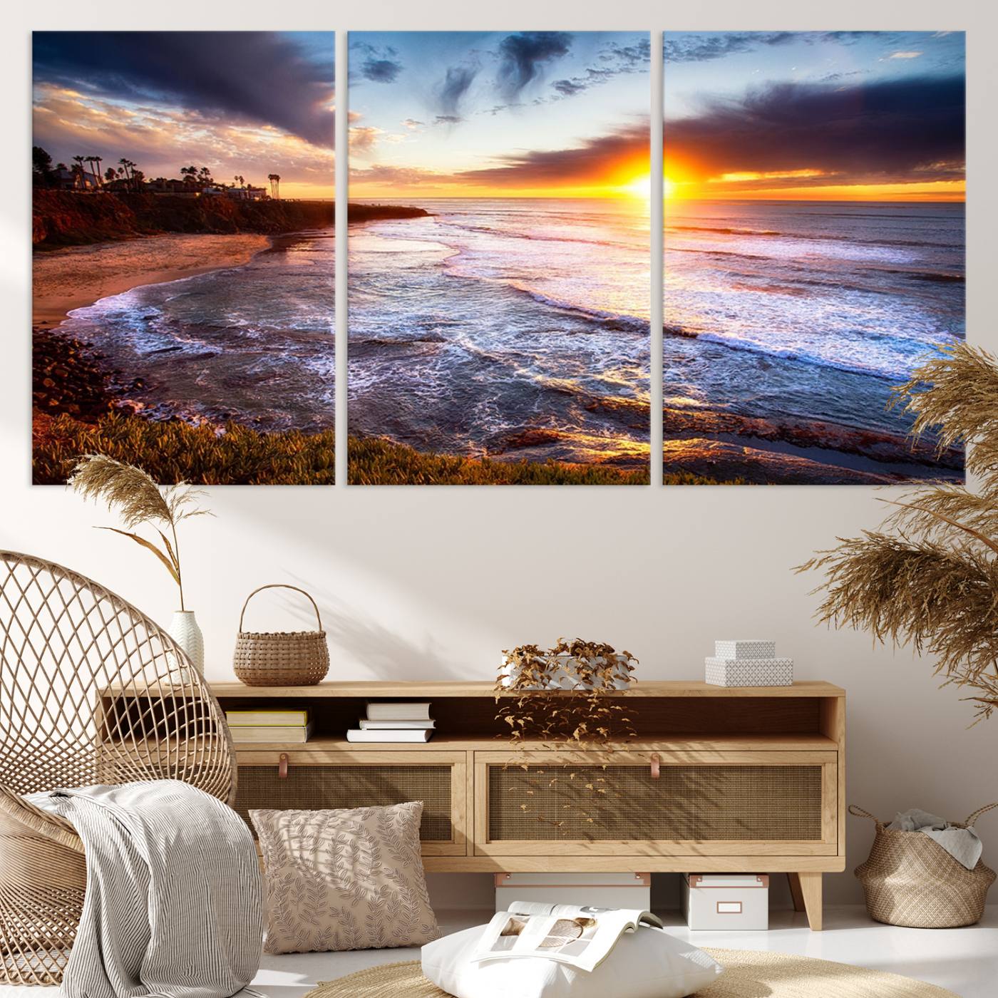 -California Coastline Sunset Canvas Art for Beach House Decor