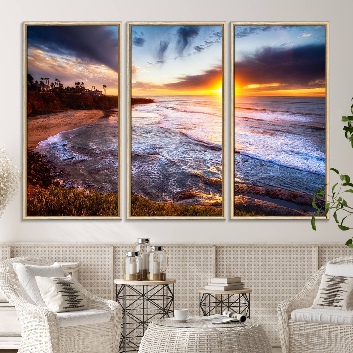 -California Coastline Sunset Canvas Art for Beach House Decor