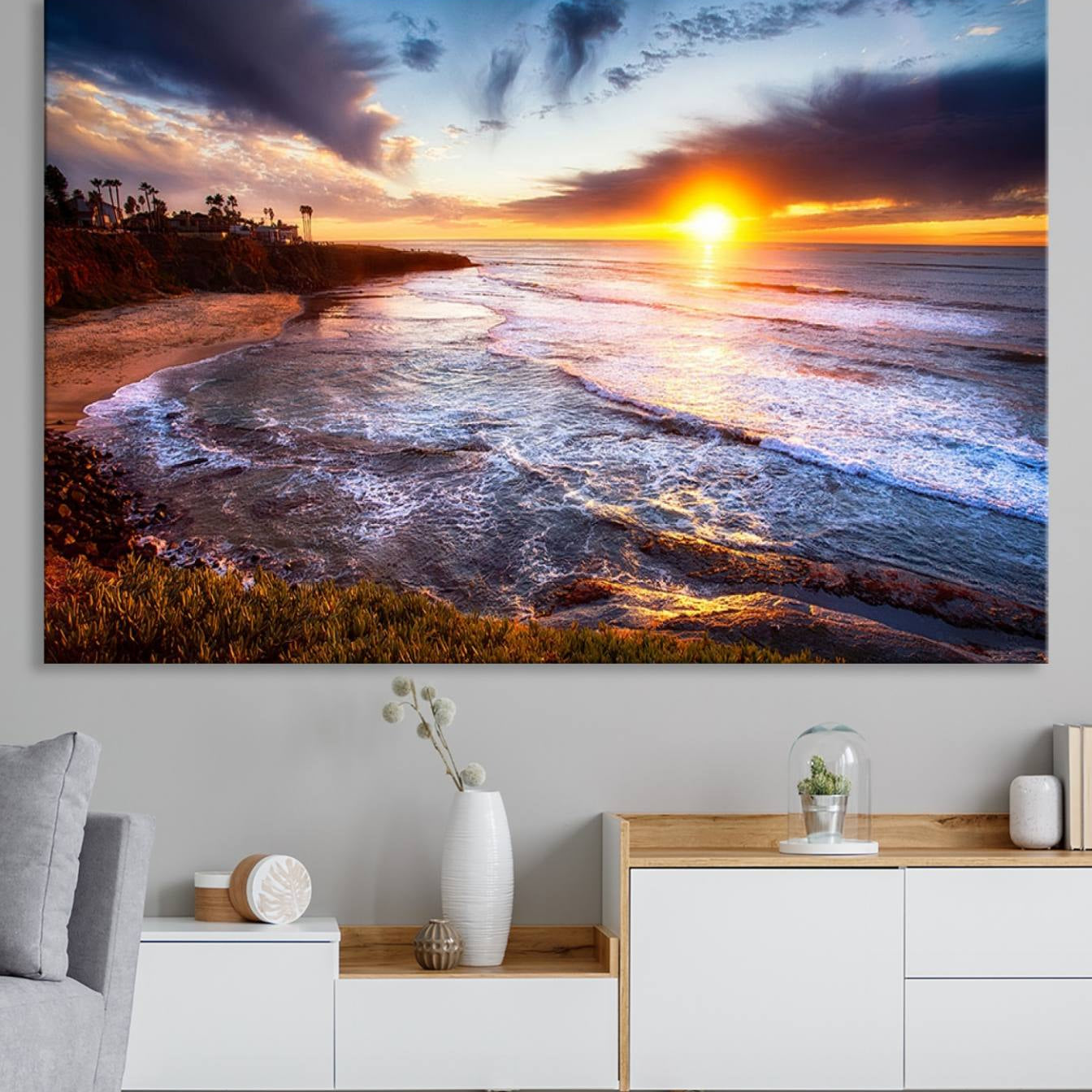 -California Coastline Sunset Canvas Art for Beach House Decor