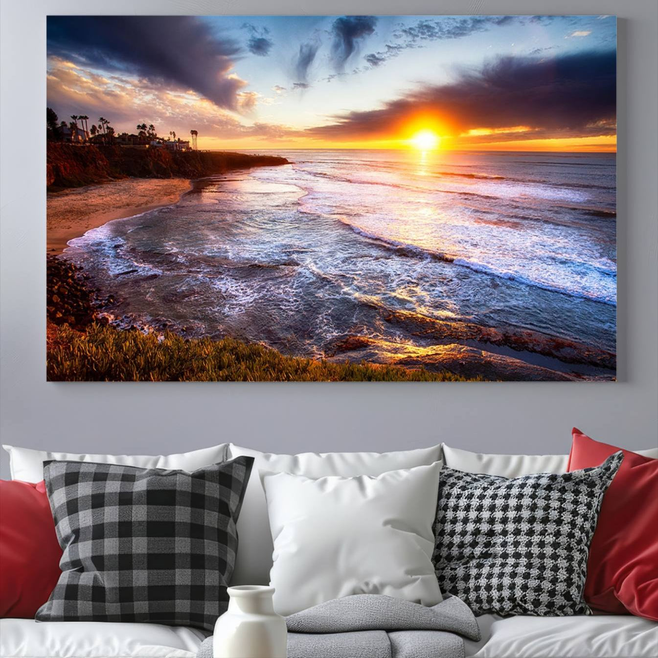 -California Coastline Sunset Canvas Art for Beach House Decor