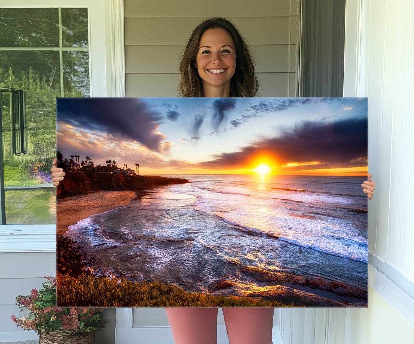 -California Coastline Sunset Canvas Art for Beach House Decor