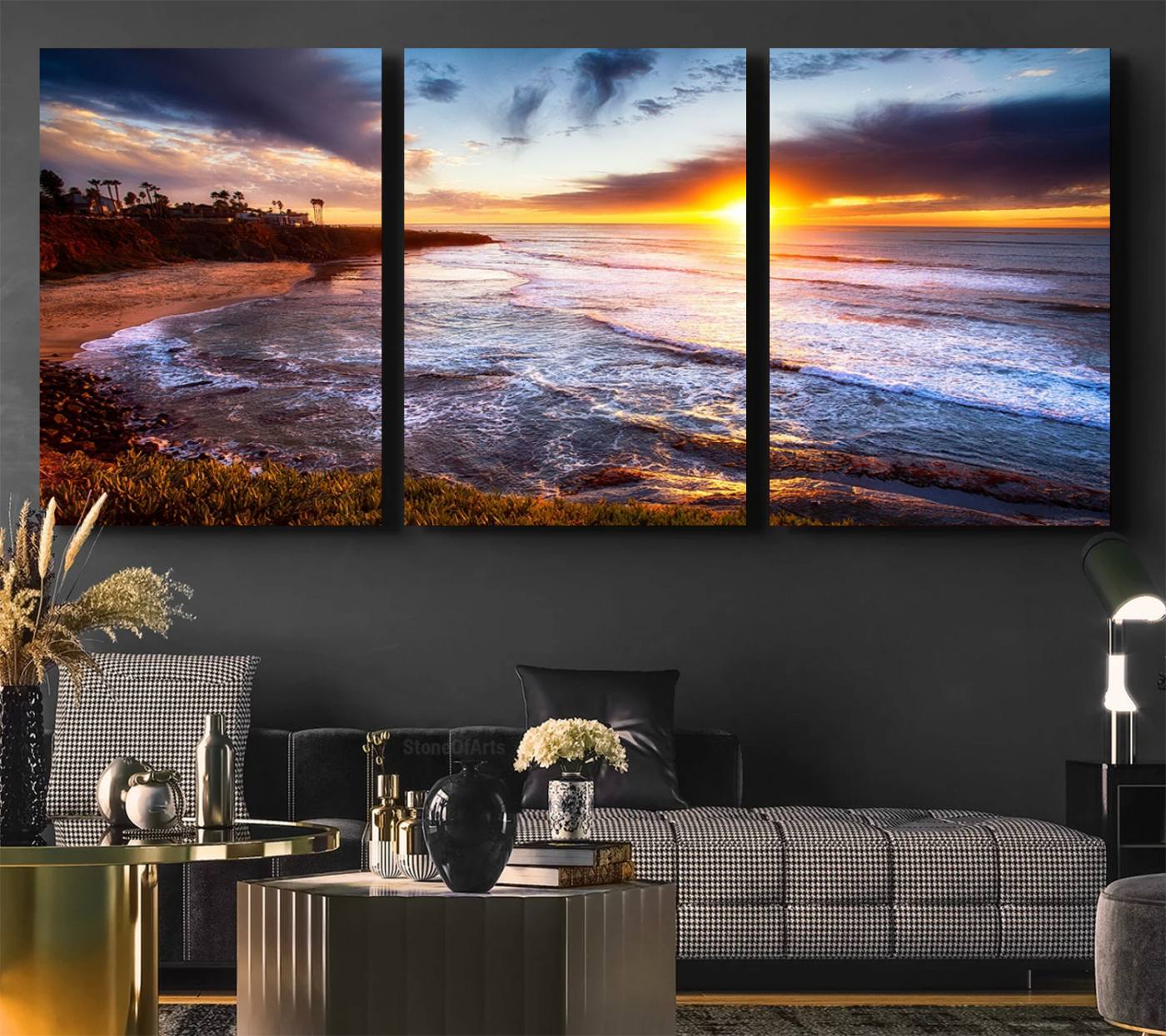 13862-MGV-CV-60X30-3P-California Coastline Sunset Canvas Art for Beach House Decor
