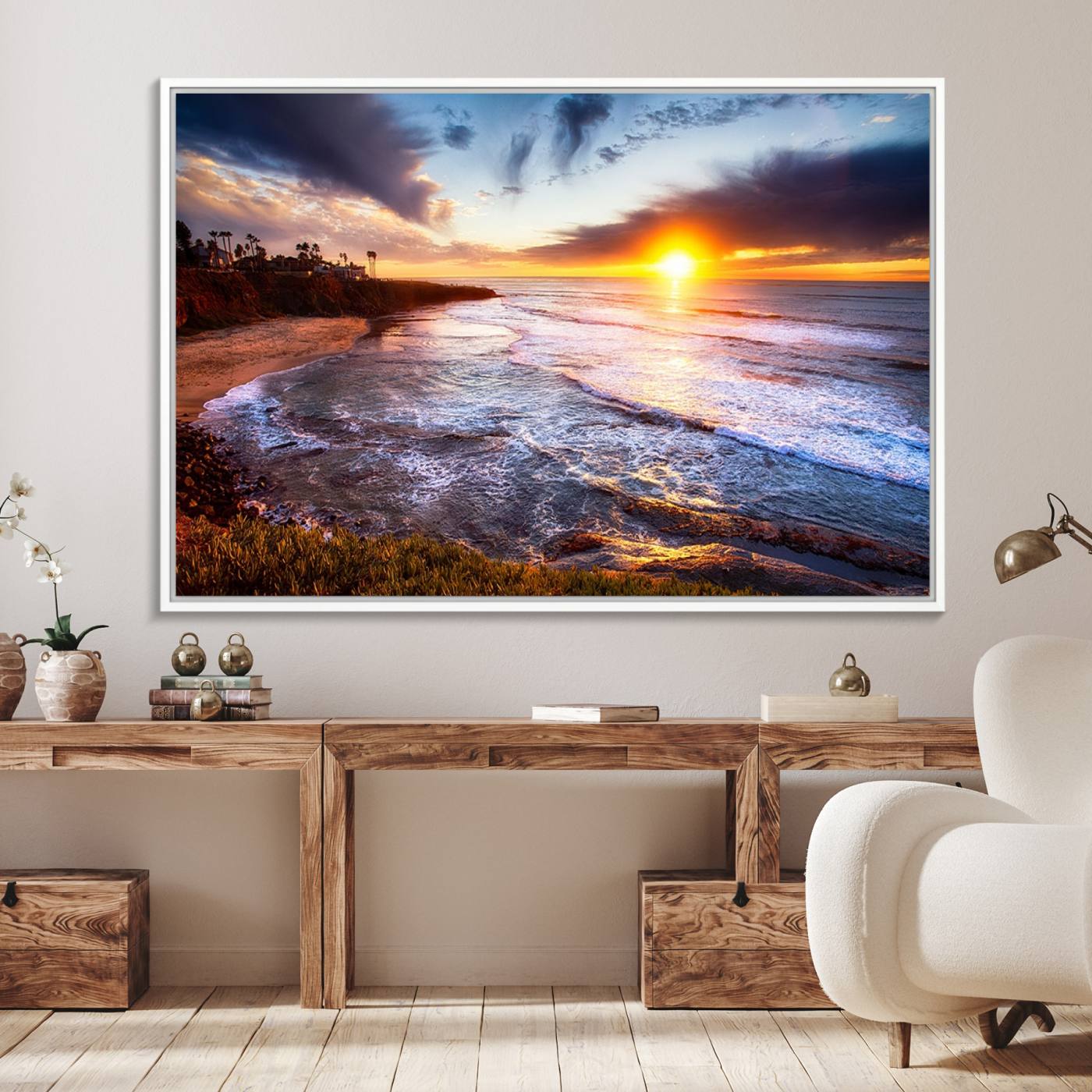 13862-MGV-FC-36X24_White-California Coastline Sunset Canvas Art for Beach House Decor