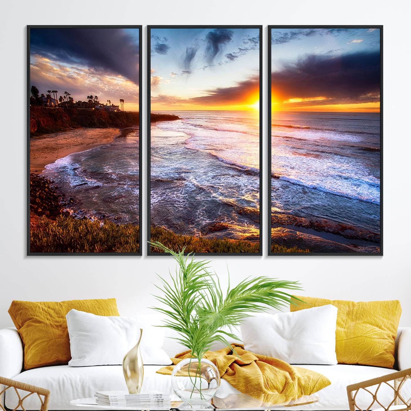 13862-MGV-FC-48X32-3P_Black-California Coastline Sunset Canvas Art for Beach House Decor
