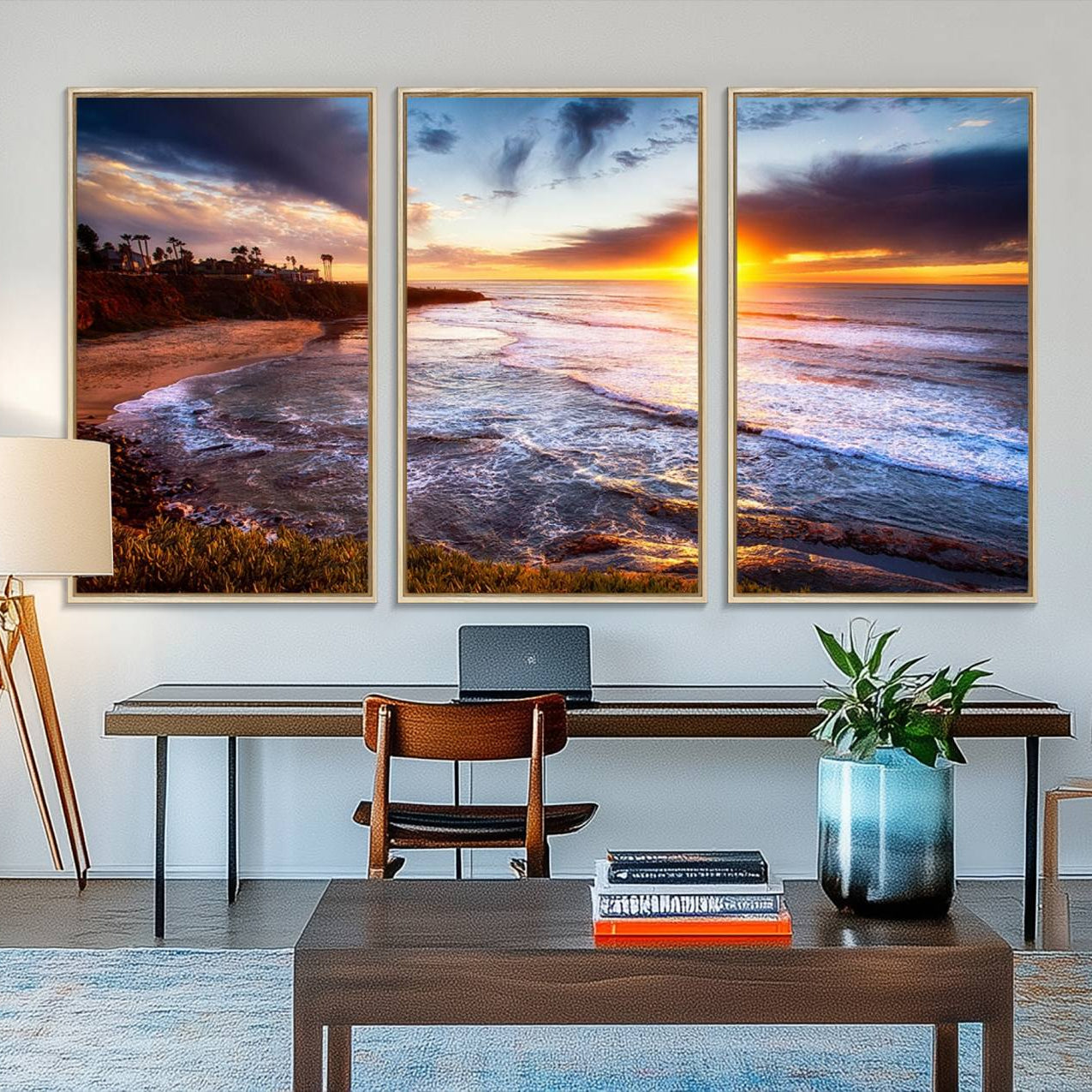 13862-MGV-FC-48X32-3P_Natural-California Coastline Sunset Canvas Art for Beach House Decor