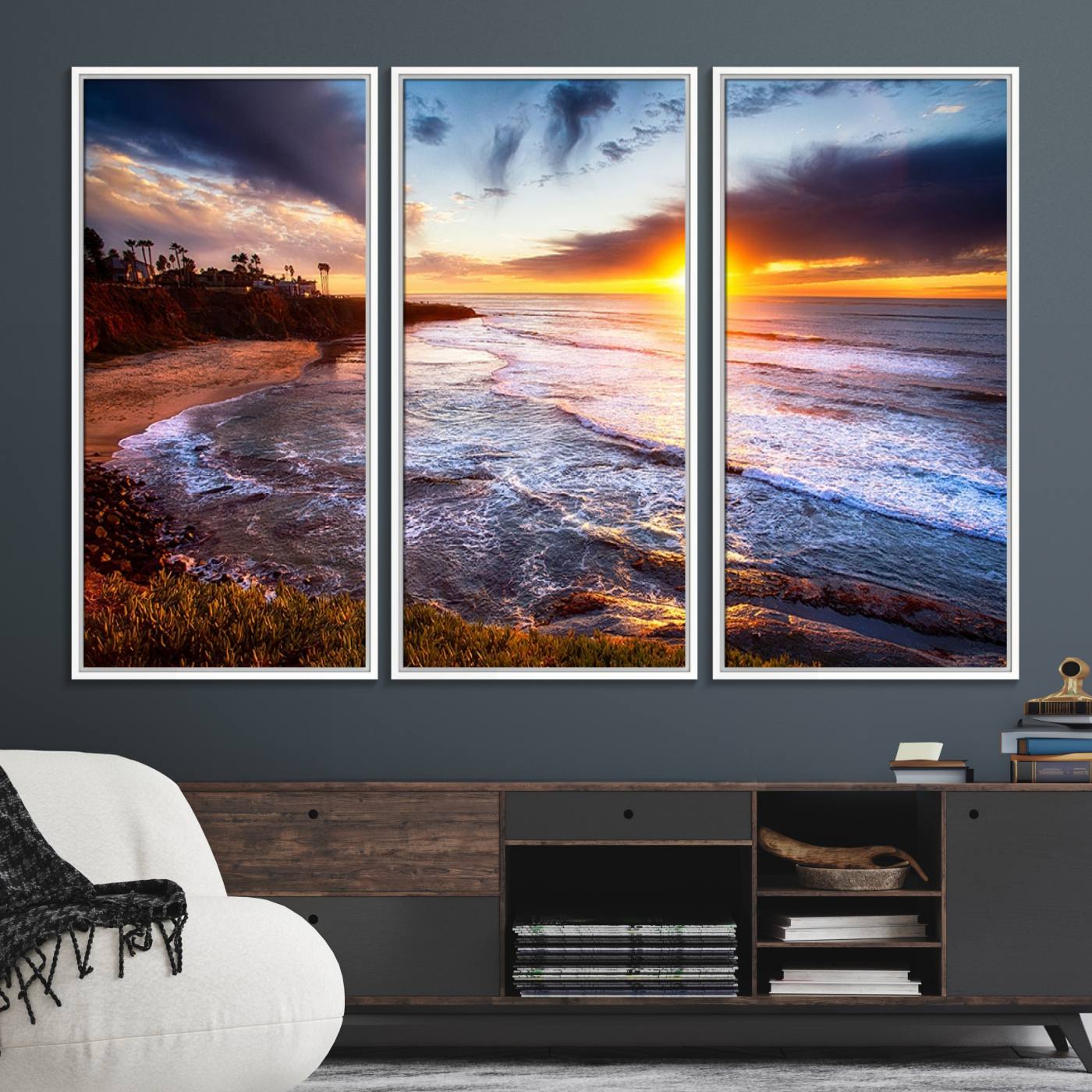 13862-MGV-FC-48X32-3P_White-California Coastline Sunset Canvas Art for Beach House Decor