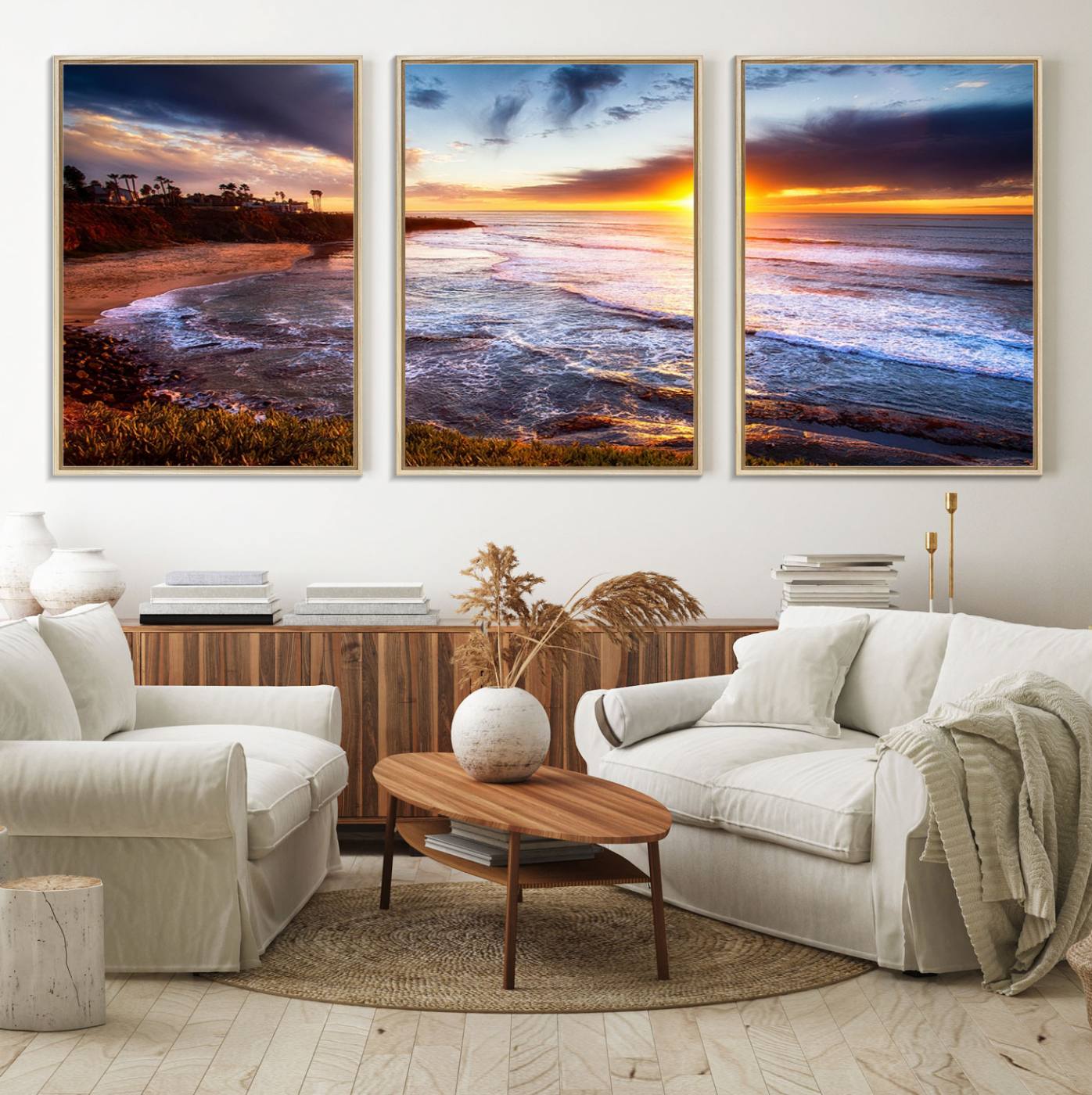 13862-MGV-FC-60X30-3P_Natural-California Coastline Sunset Canvas Art for Beach House Decor