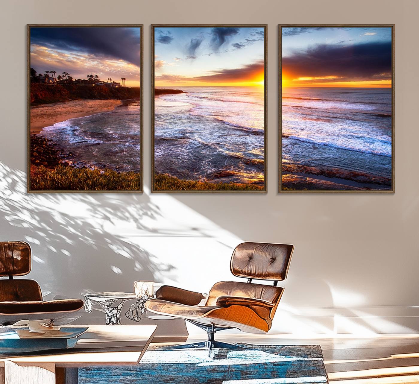 13862-MGV-FC-60X30-3P_Walnut-California Coastline Sunset Canvas Art for Beach House Decor