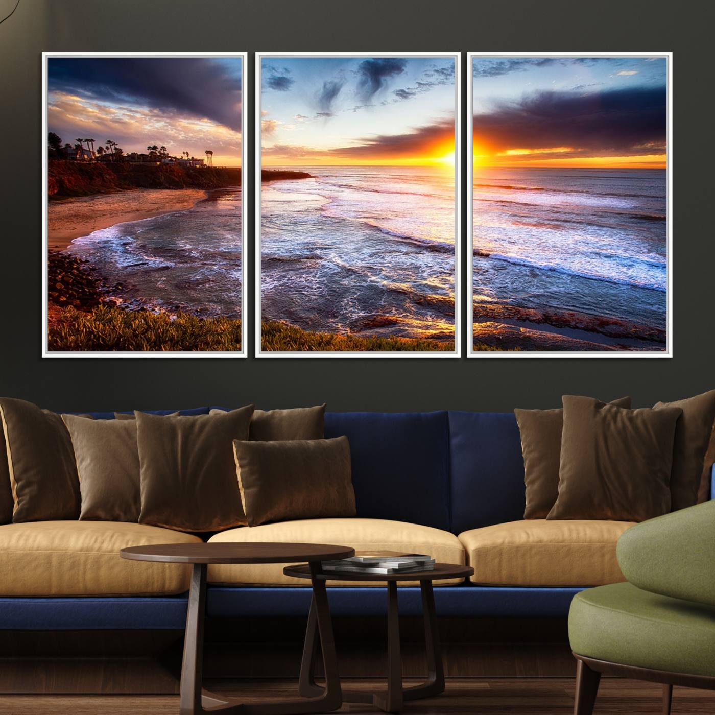 13862-MGV-FC-60X30-3P_White-California Coastline Sunset Canvas Art for Beach House Decor