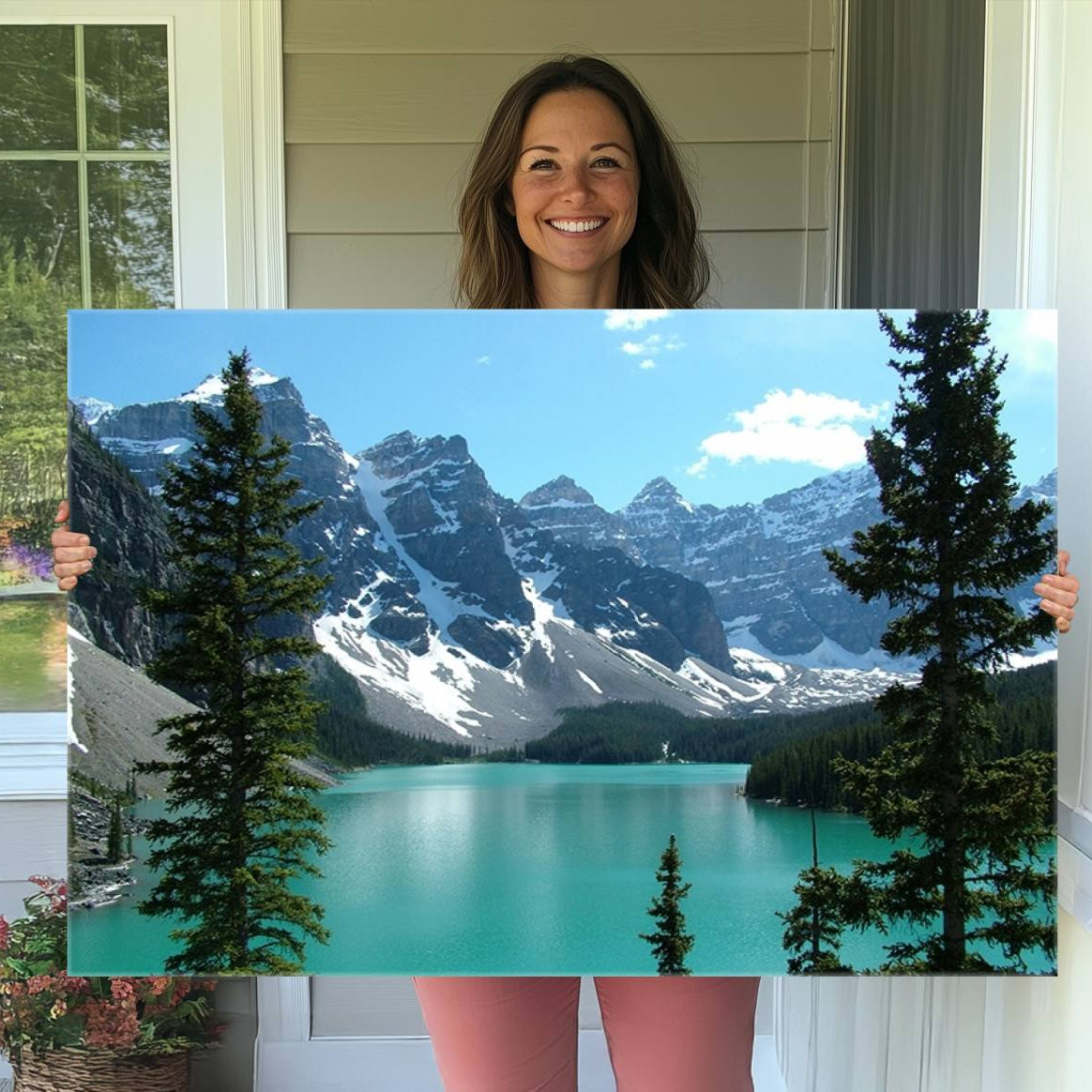 -Canadian Rockies Moraine Lake Landscape Canvas Print, Turquoise Lake & Mountain View Wall Art, Ready