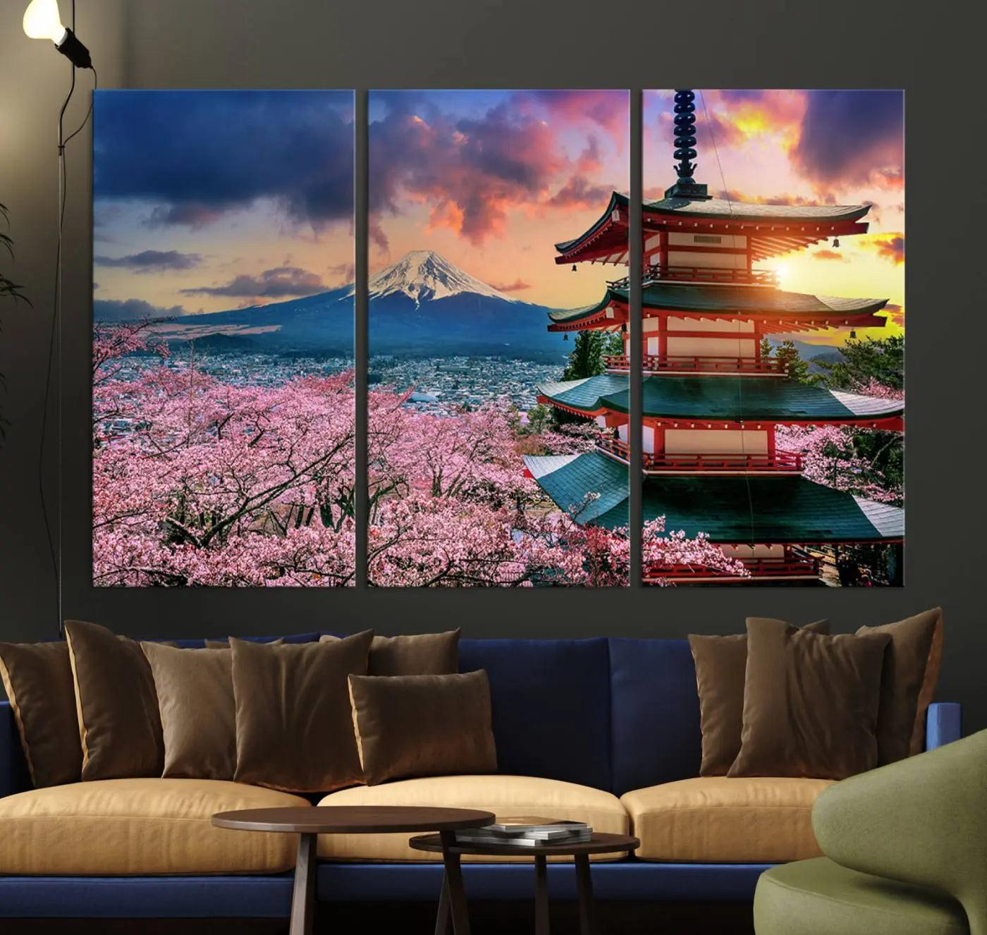 95987-MGV-CV-36X24-Cherry Blossoms Canvas Print, Chureito Pagoda & Mount Fuji Wall Art, Japanese Landscape Canvas,