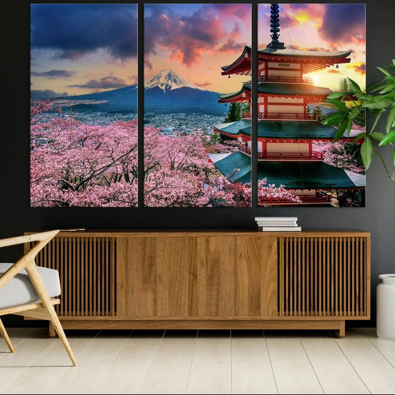 -Cherry Blossoms Canvas Print, Chureito Pagoda & Mount Fuji Wall Art, Japanese Landscape Canvas,