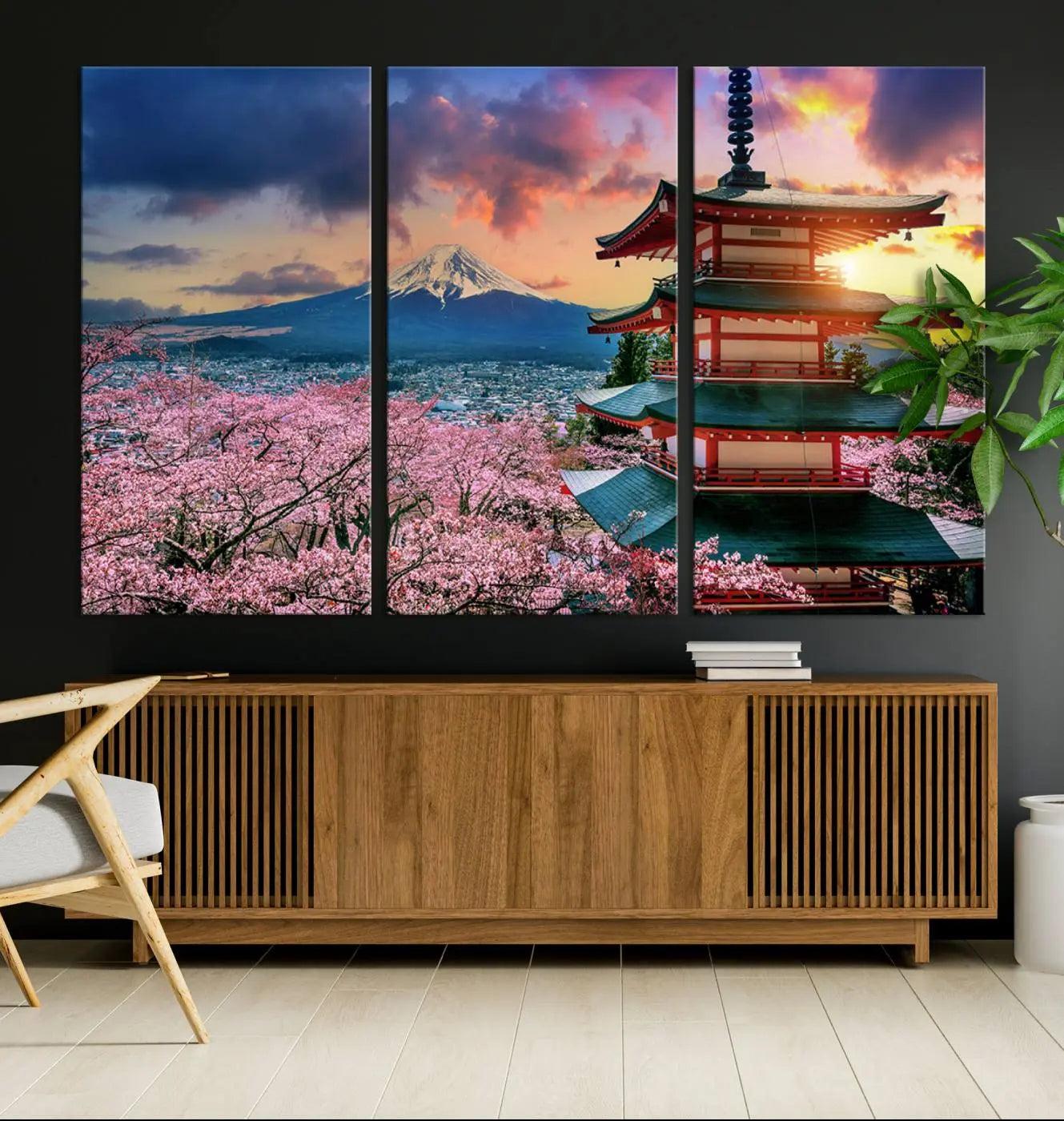 95987-MGV-CV-36X24-Cherry Blossoms Canvas Print, Chureito Pagoda & Mount Fuji Wall Art, Japanese Landscape Canvas,
