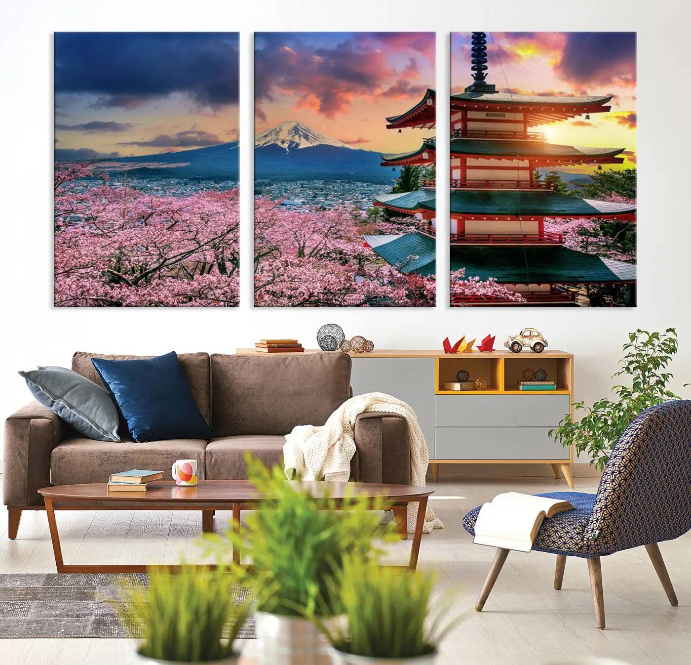95987-MGV-CV-36X24-Cherry Blossoms Canvas Print, Chureito Pagoda & Mount Fuji Wall Art, Japanese Landscape Canvas,