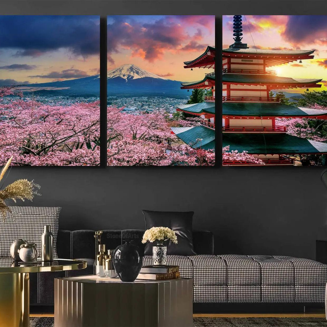 -Cherry Blossoms Canvas Print, Chureito Pagoda & Mount Fuji Wall Art, Japanese Landscape Canvas,