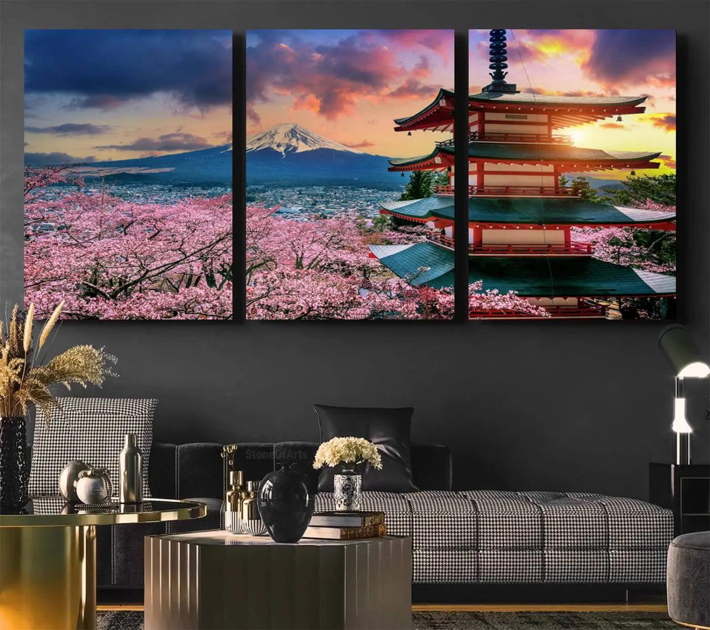 95987-MGV-CV-36X24-Cherry Blossoms Canvas Print, Chureito Pagoda & Mount Fuji Wall Art, Japanese Landscape Canvas,