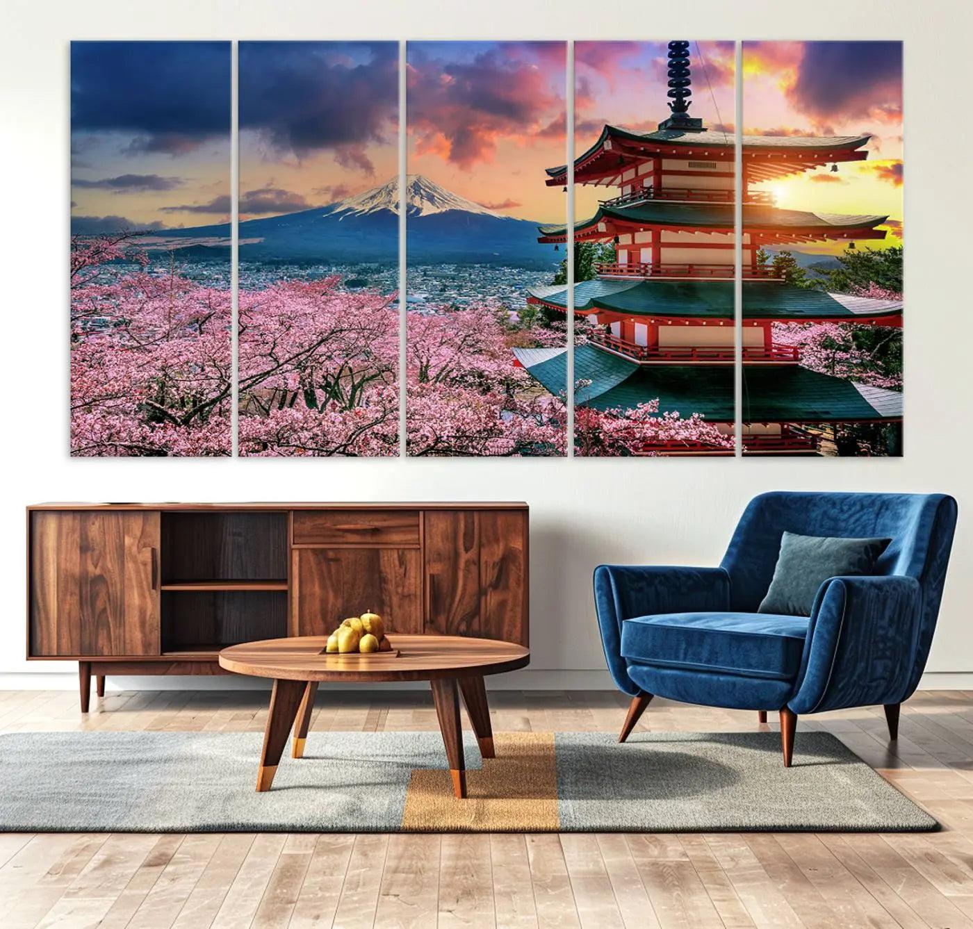 95987-MGV-CV-36X24-Cherry Blossoms Canvas Print, Chureito Pagoda & Mount Fuji Wall Art, Japanese Landscape Canvas,