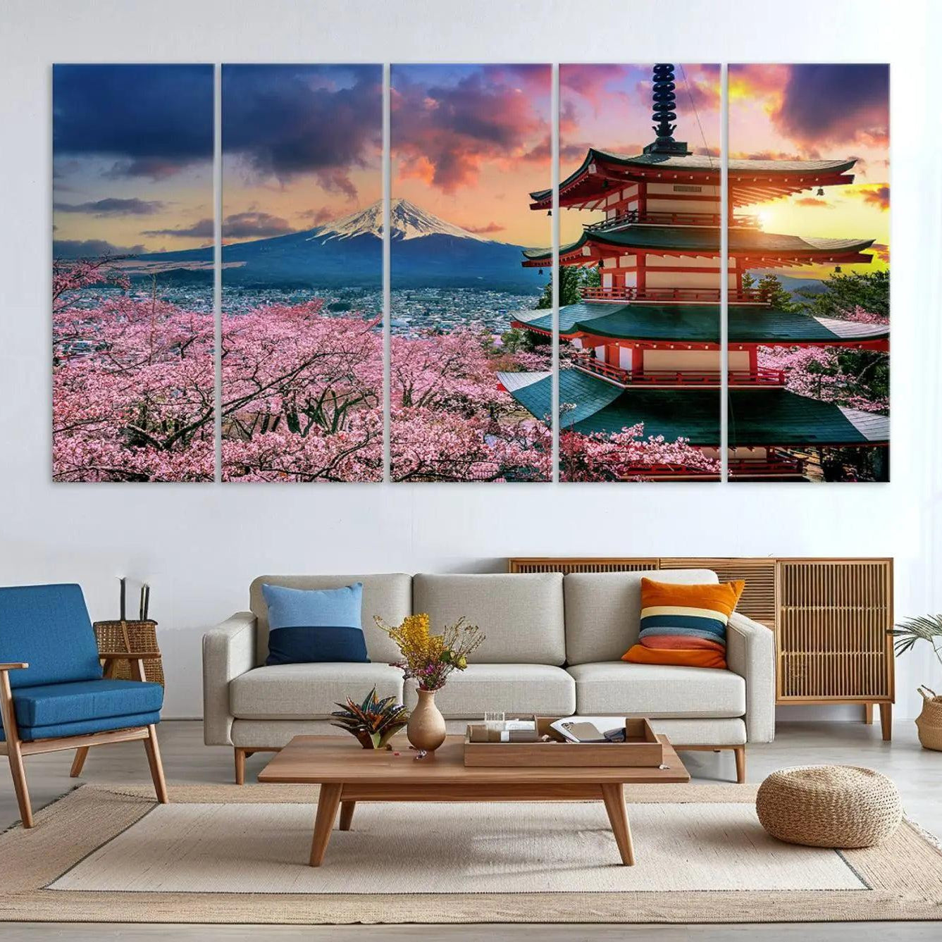 -Cherry Blossoms Canvas Print, Chureito Pagoda & Mount Fuji Wall Art, Japanese Landscape Canvas,