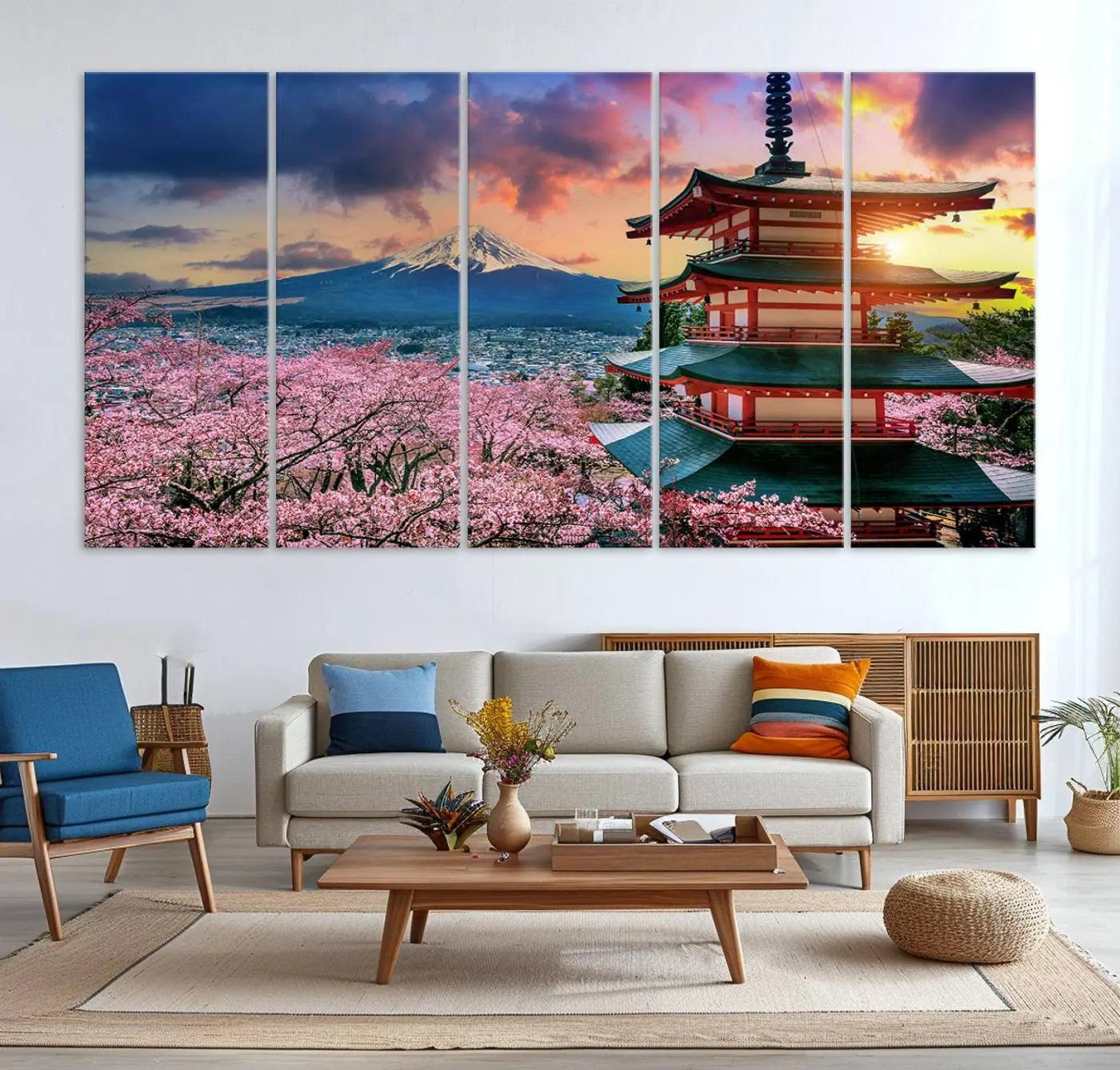 95987-MGV-CV-36X24-Cherry Blossoms Canvas Print, Chureito Pagoda & Mount Fuji Wall Art, Japanese Landscape Canvas,