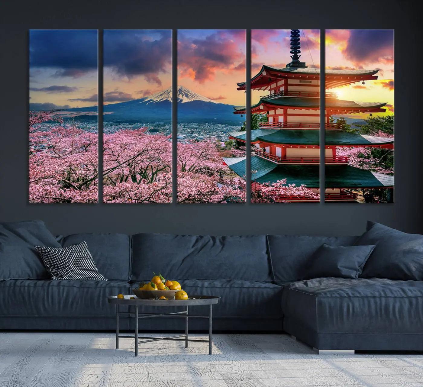 95987-MGV-CV-36X24-Cherry Blossoms Canvas Print, Chureito Pagoda & Mount Fuji Wall Art, Japanese Landscape Canvas,