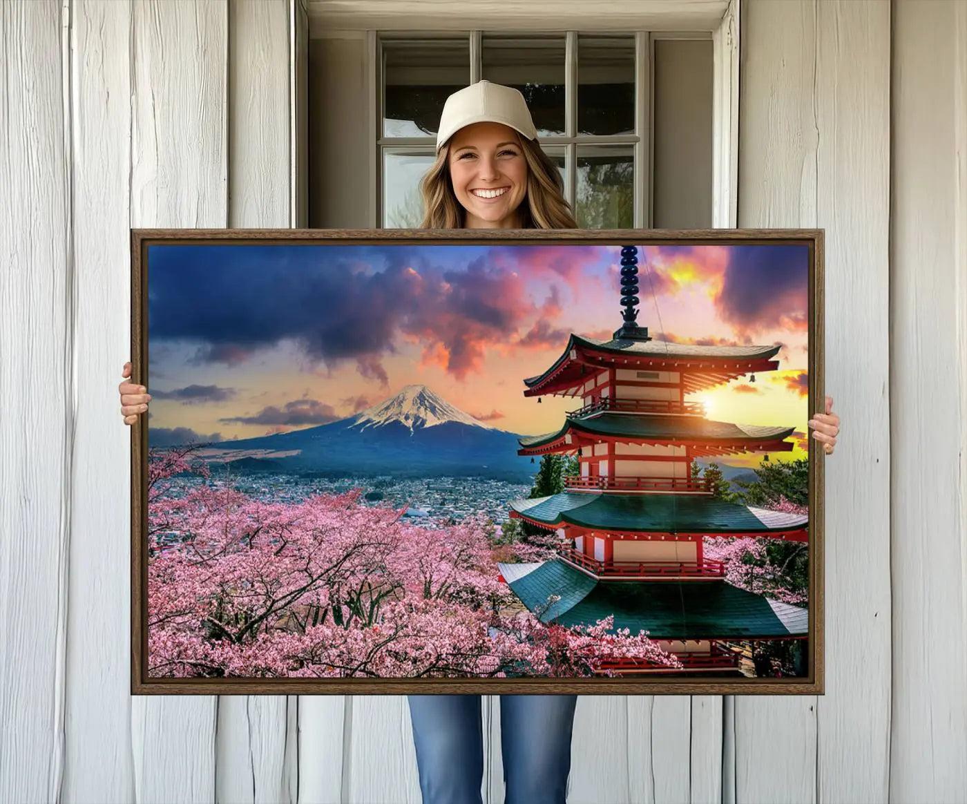 95987-MGV-CV-36X24-Cherry Blossoms Canvas Print, Chureito Pagoda & Mount Fuji Wall Art, Japanese Landscape Canvas,