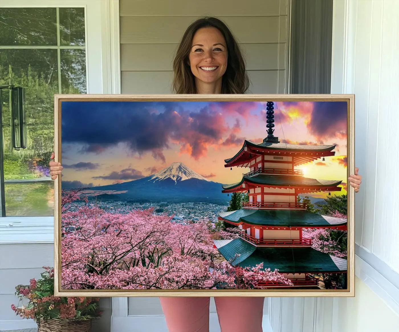 95987-MGV-CV-36X24-Cherry Blossoms Canvas Print, Chureito Pagoda & Mount Fuji Wall Art, Japanese Landscape Canvas,