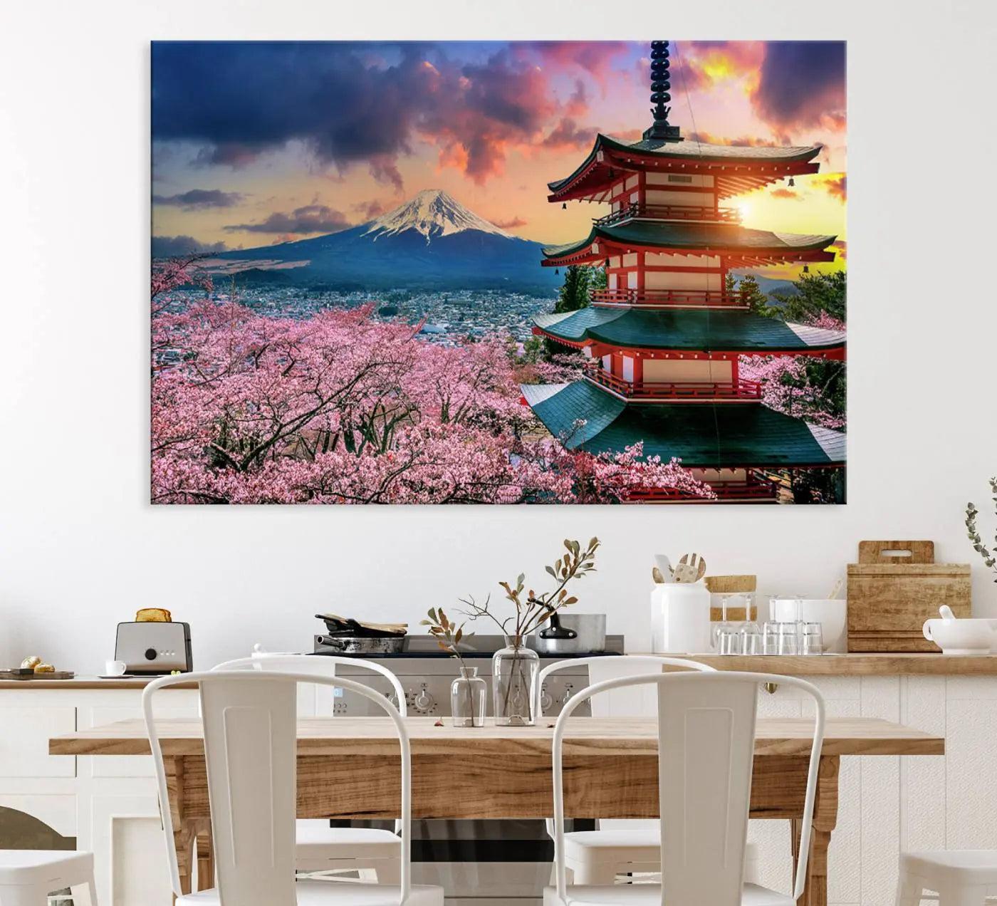 95987-MGV-CV-36X24-Cherry Blossoms Canvas Print, Chureito Pagoda & Mount Fuji Wall Art, Japanese Landscape Canvas,