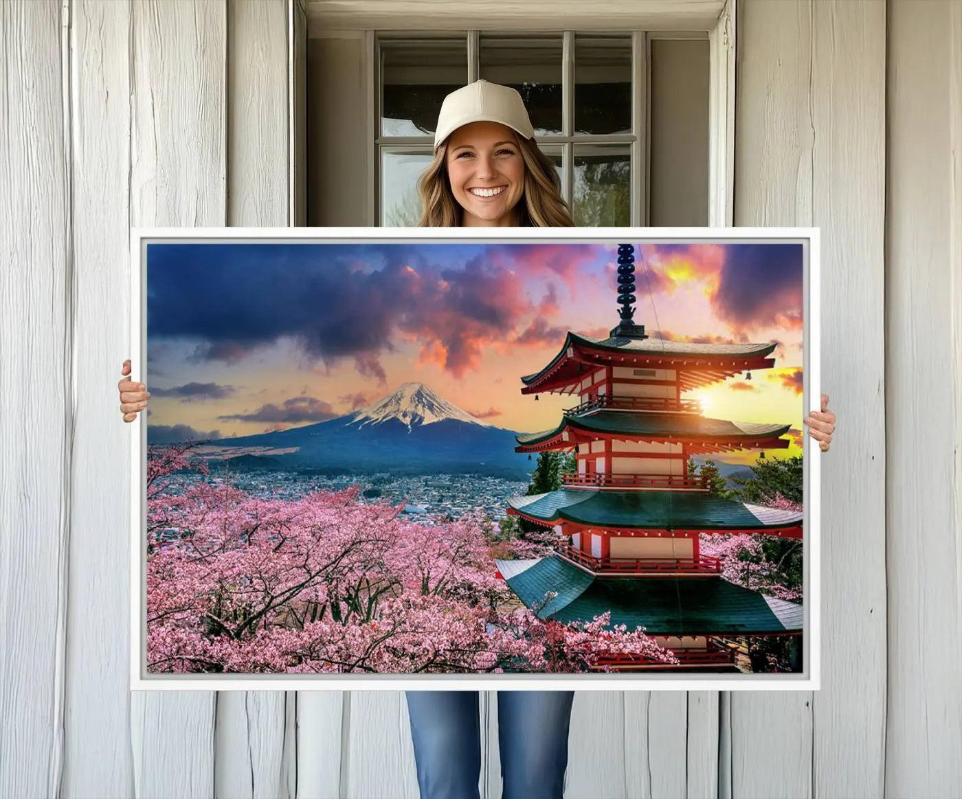 95987-MGV-CV-36X24-Cherry Blossoms Canvas Print, Chureito Pagoda & Mount Fuji Wall Art, Japanese Landscape Canvas,