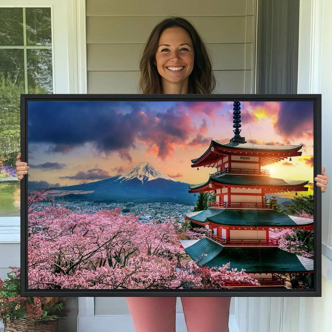 -Cherry Blossoms Canvas Print, Chureito Pagoda & Mount Fuji Wall Art, Japanese Landscape Canvas,