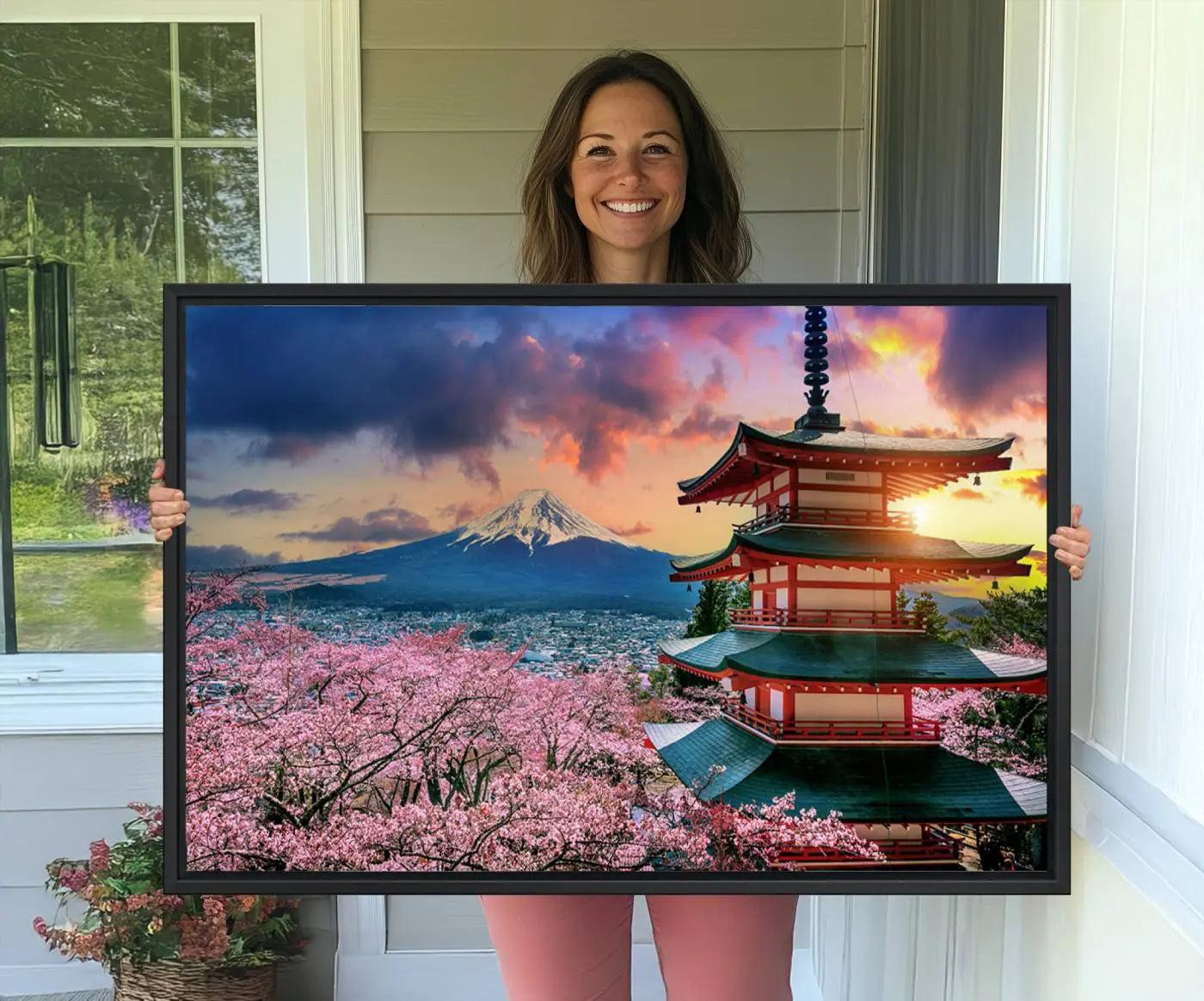 95987-MGV-CV-36X24-Cherry Blossoms Canvas Print, Chureito Pagoda & Mount Fuji Wall Art, Japanese Landscape Canvas,