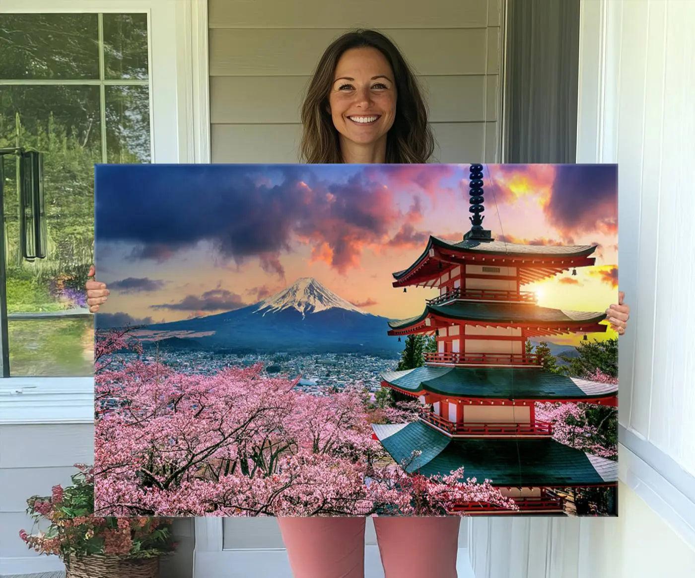 95987-MGV-CV-36X24-Cherry Blossoms Canvas Print, Chureito Pagoda & Mount Fuji Wall Art, Japanese Landscape Canvas,