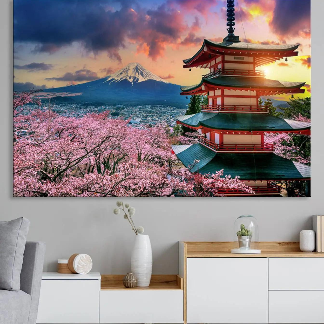 95987-MGV-CV-36X24-Cherry Blossoms Canvas Print, Chureito Pagoda & Mount Fuji Wall Art, Japanese Landscape Canvas,