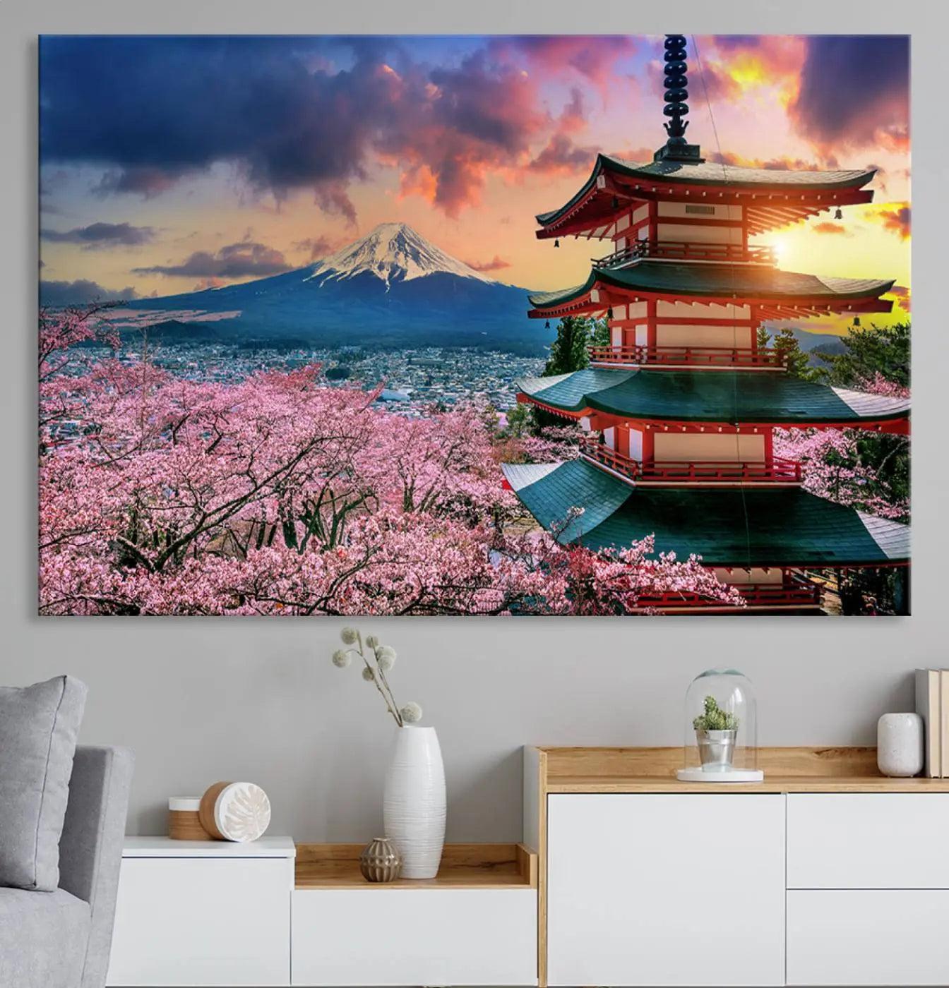 95987-MGV-CV-36X24-Cherry Blossoms Canvas Print, Chureito Pagoda & Mount Fuji Wall Art, Japanese Landscape Canvas,