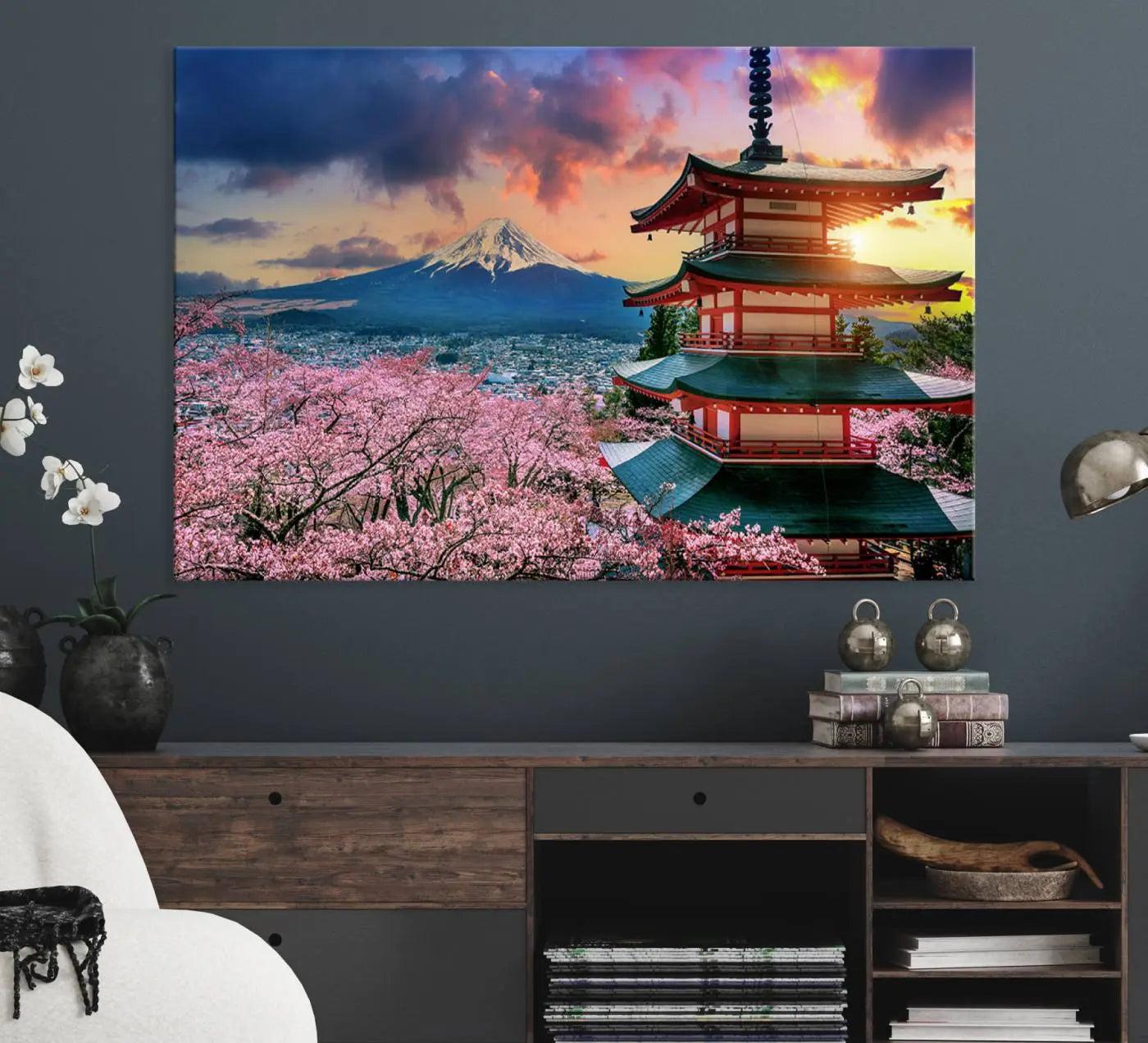 95987-MGV-CV-36X24-Cherry Blossoms Canvas Print, Chureito Pagoda & Mount Fuji Wall Art, Japanese Landscape Canvas,