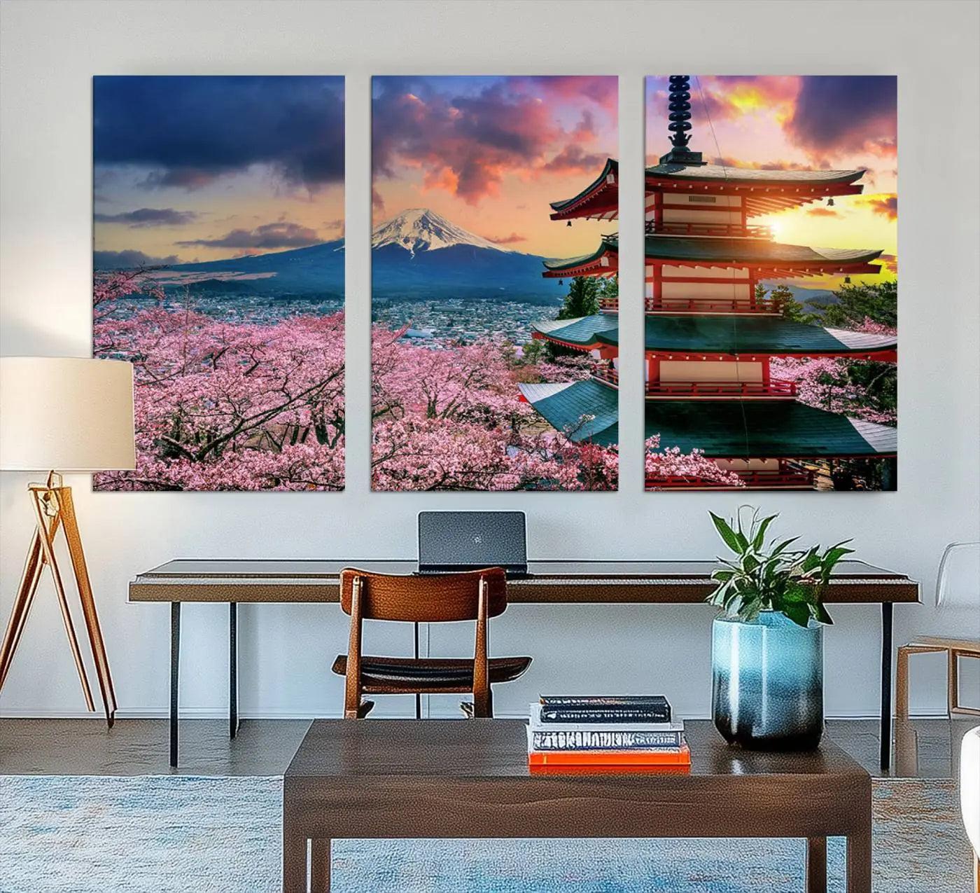 95987-MGV-CV-48X32-3P-Cherry Blossoms Canvas Print, Chureito Pagoda & Mount Fuji Wall Art, Japanese Landscape Canvas,
