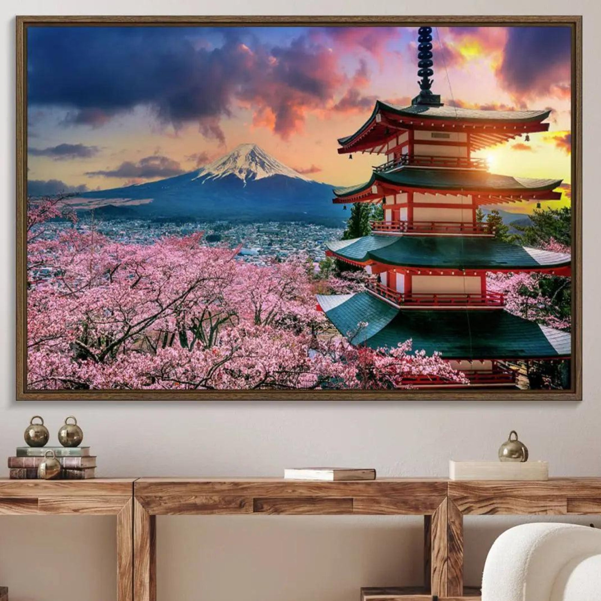 95987-MGV-FC-36X24_Walnut-Cherry Blossoms Canvas Print, Chureito Pagoda & Mount Fuji Wall Art, Japanese Landscape Canvas,