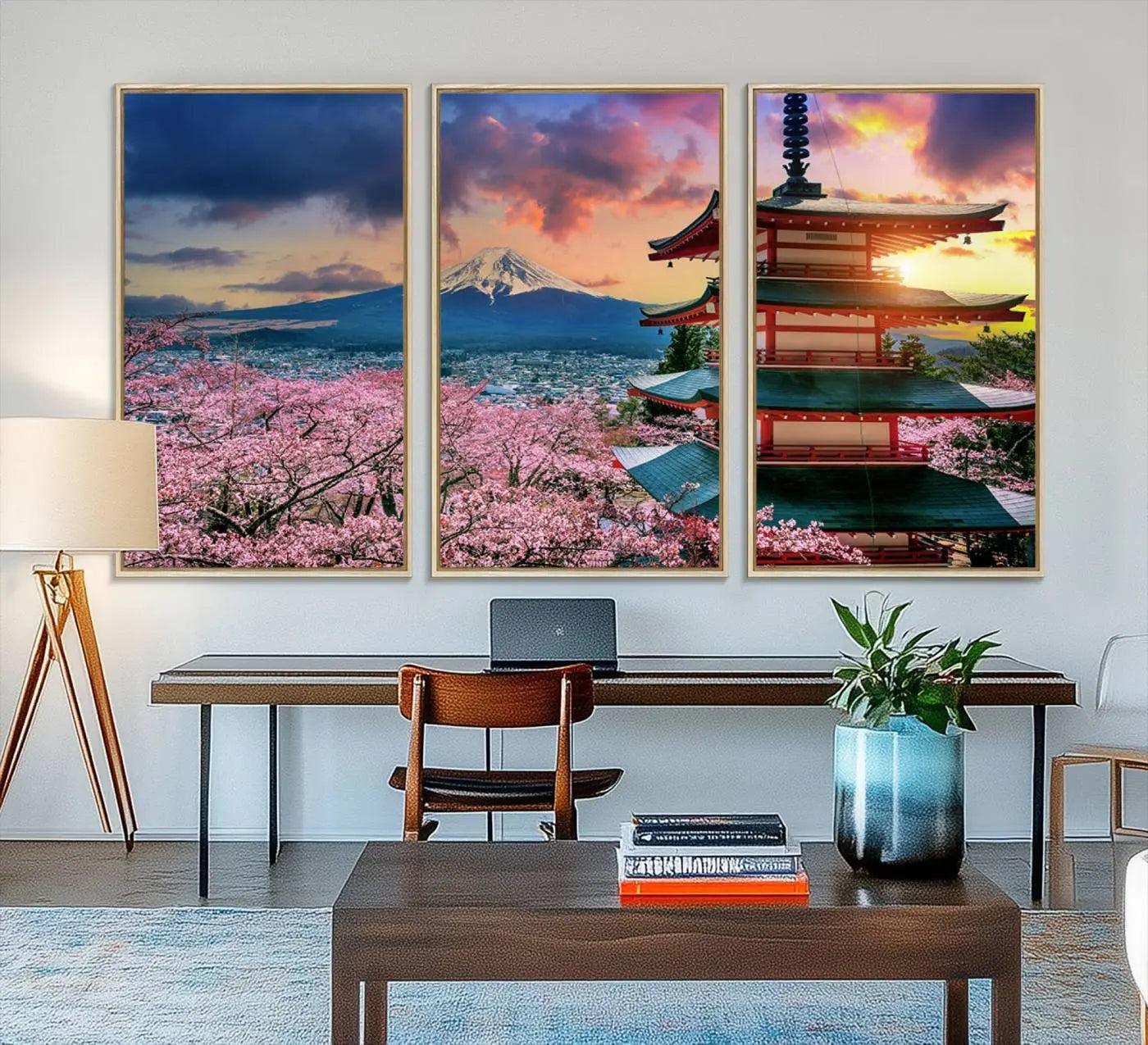 95987-MGV-FC-48X32-3P_Natural-Cherry Blossoms Canvas Print, Chureito Pagoda & Mount Fuji Wall Art, Japanese Landscape Canvas,