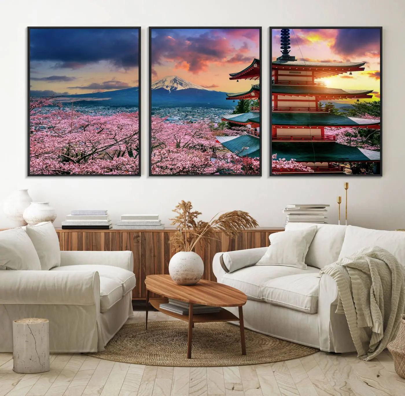 95987-MGV-FC-60X30-3P_Black-Cherry Blossoms Canvas Print, Chureito Pagoda & Mount Fuji Wall Art, Japanese Landscape Canvas,