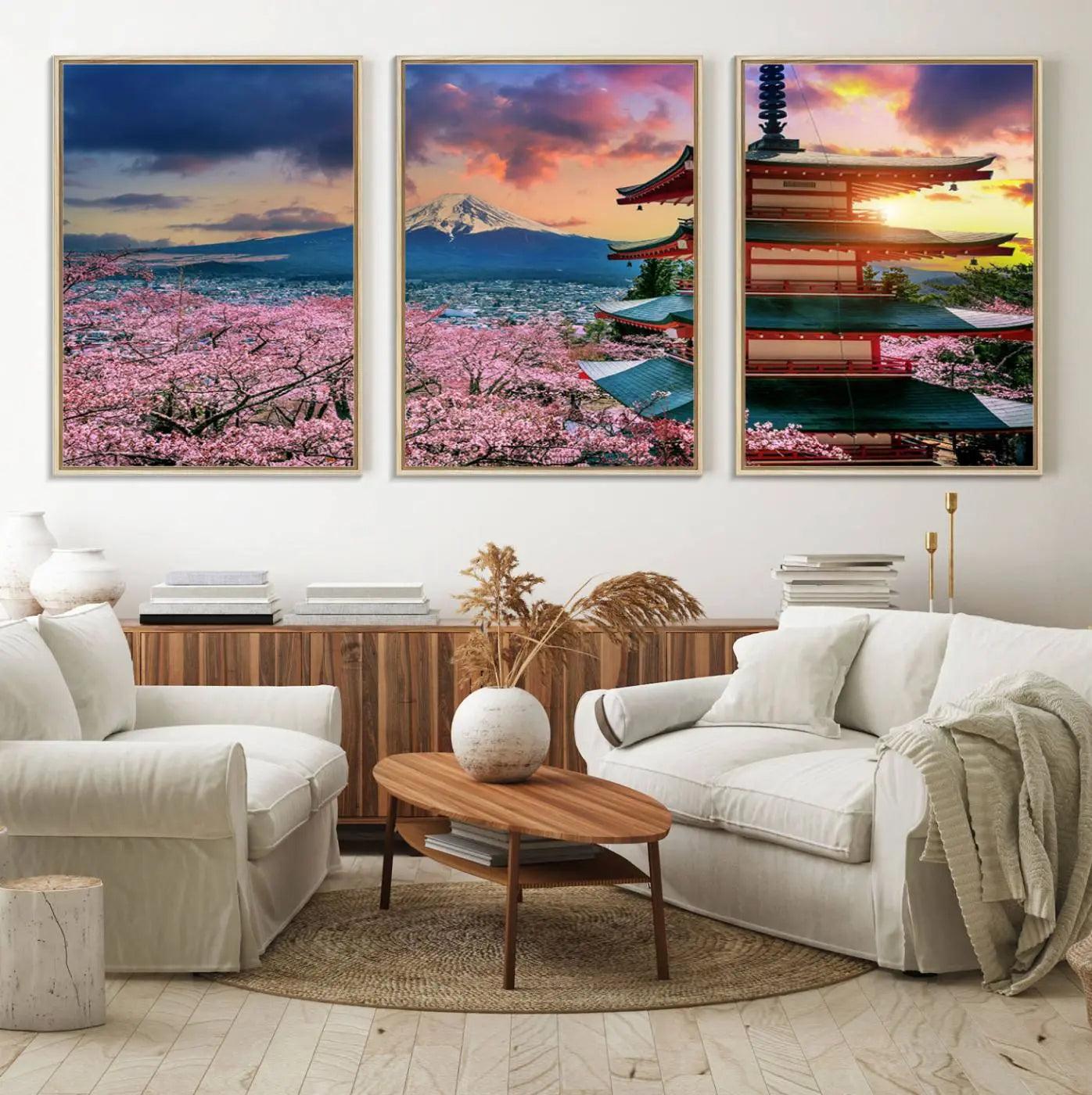 95987-MGV-FC-60X30-3P_Natural-Cherry Blossoms Canvas Print, Chureito Pagoda & Mount Fuji Wall Art, Japanese Landscape Canvas,