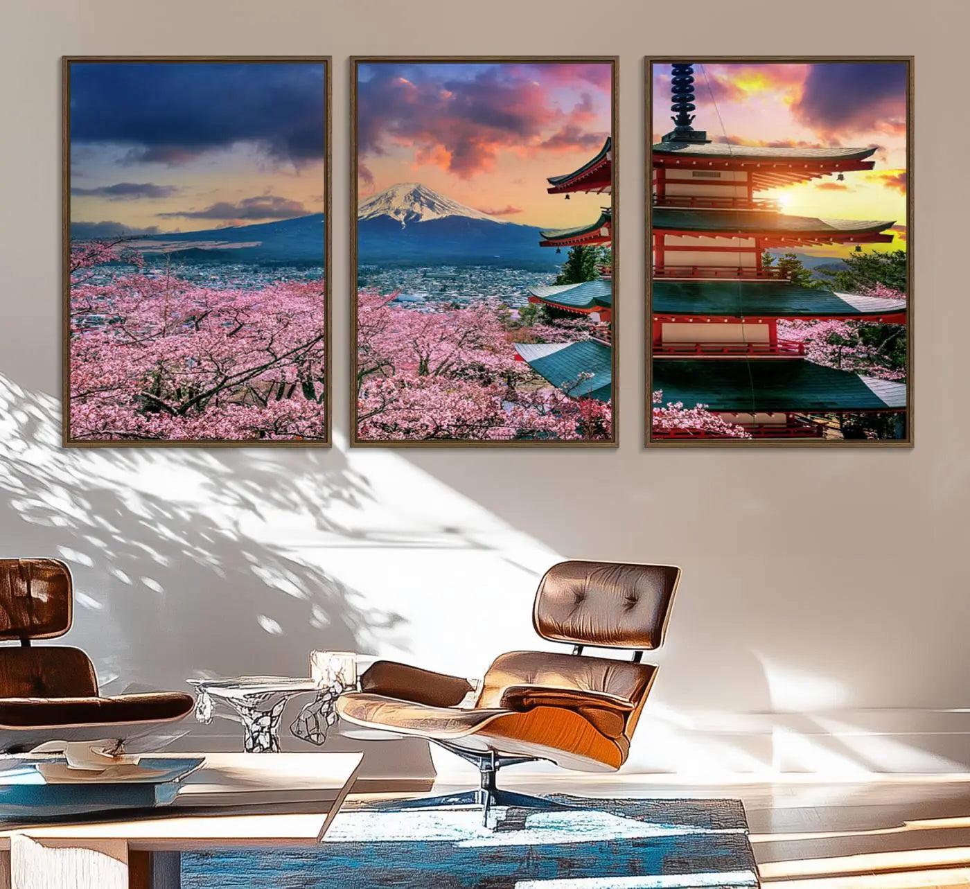 95987-MGV-FC-60X30-3P_Walnut-Cherry Blossoms Canvas Print, Chureito Pagoda & Mount Fuji Wall Art, Japanese Landscape Canvas,