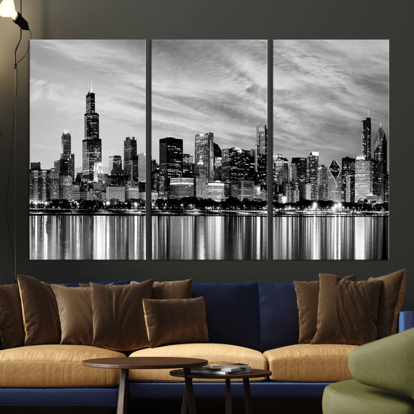 -Chicago City Cloudy Skyline Black and White Wall Art Cityscape, Chicago Wall Art Canvas Print